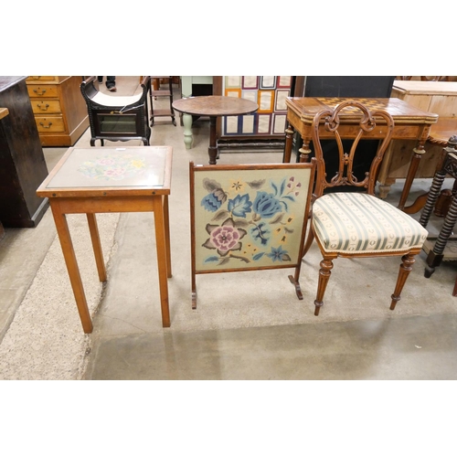 169 - A tapestry topped occasional table, embroidered firescreen and a Victorian walnut chair