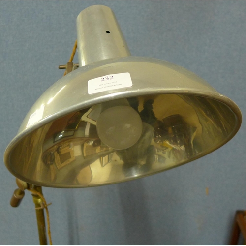 232 - An industrial brass and alloy anglepoise floor standing spotlight