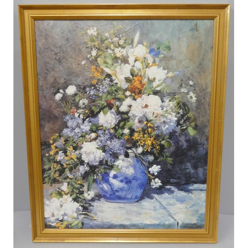 252 - An oleograph, still life of flowers and a small easel