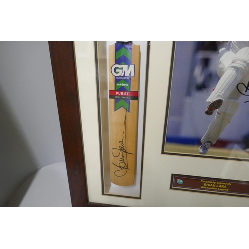 265 - A framed cricket display, photograph and miniature cricket bat, both signed by Brian Lara, West Indi... 