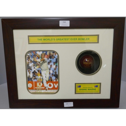 266 - A framed cricket display, photograph and signed Morgan's cricket ball by Shane Warne, 'The World's G... 