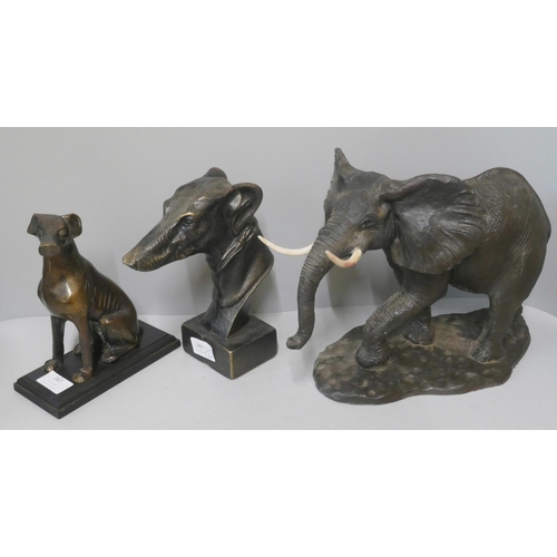 267 - A large resin sculpture of an African elephant, a bronze sculpture of a seated hound and a bronze sc... 