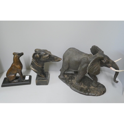 267 - A large resin sculpture of an African elephant, a bronze sculpture of a seated hound and a bronze sc... 