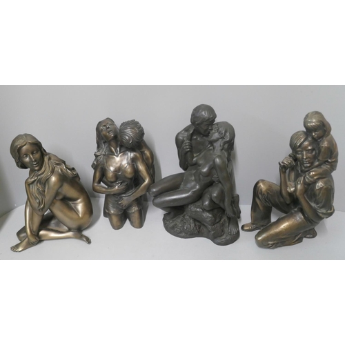 270 - Four resin sculptures; two Lovers, a female nude and father with daughter on shoulders