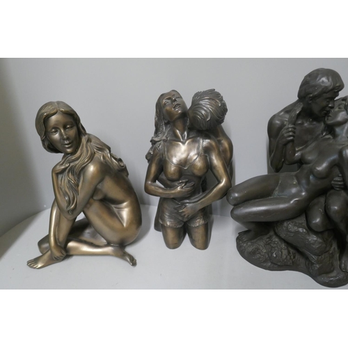 270 - Four resin sculptures; two Lovers, a female nude and father with daughter on shoulders