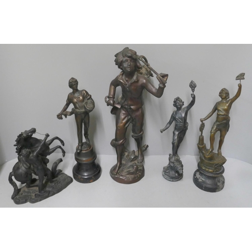 271 - Five sculptures, including large bronze model of a vagrant and Marley horse