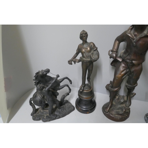 271 - Five sculptures, including large bronze model of a vagrant and Marley horse