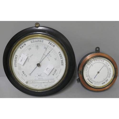 274 - Two early 20th Century wall hanging aneroid barometers