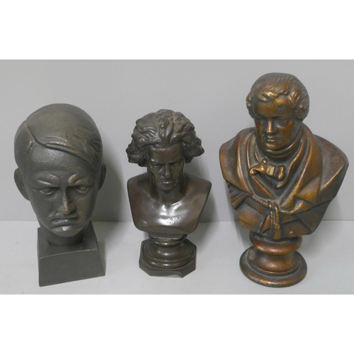 287 - A metal bust of Adolf Hitler, a metal bust of Julius Caesar and a resin bus of Beethoven