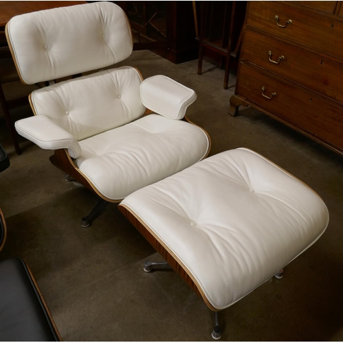 3 - A Charles & Ray Eames style cream leather simulated rosewood revolving lounge chair and ottoman