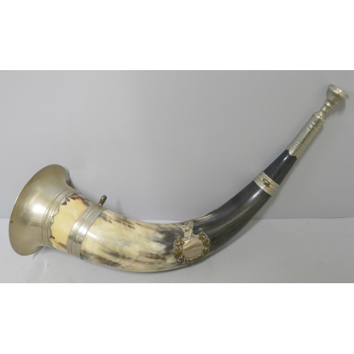 300 - A hunting horn with silver plated mounts, 34cms l