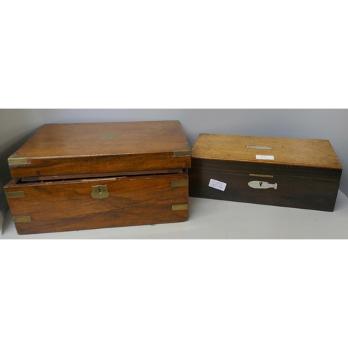 322 - A Victorian walnut writing box, a/f and a rosewood box with replacement mahogany top and mother of p... 