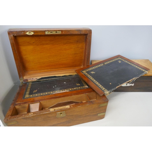 322 - A Victorian walnut writing box, a/f and a rosewood box with replacement mahogany top and mother of p... 