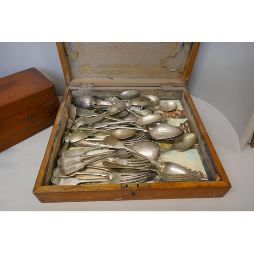 323 - A wooden case of plated cutlery and an electric shock machine