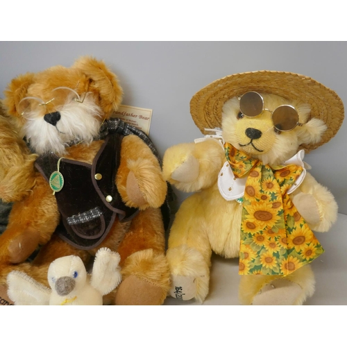 330 - Four Teddy bears; Hermann Alberich, Grandfather bear, Summer Sunshine bear and bird