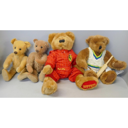 332 - Four Teddy bears; two Bainbridge bears, a Ferrari Scuda bear and a Cricketer Canterbury bear