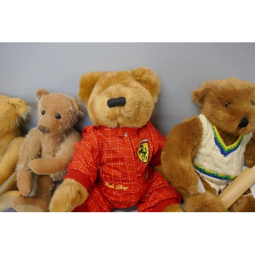 332 - Four Teddy bears; two Bainbridge bears, a Ferrari Scuda bear and a Cricketer Canterbury bear