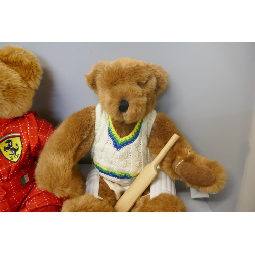 332 - Four Teddy bears; two Bainbridge bears, a Ferrari Scuda bear and a Cricketer Canterbury bear