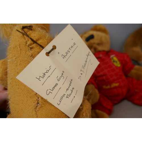 332 - Four Teddy bears; two Bainbridge bears, a Ferrari Scuda bear and a Cricketer Canterbury bear