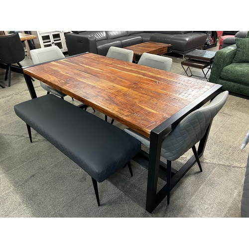 1568 - A fire 1.8m dining table and a Morada harlequin four chairs and bench set * this lot is subject to v... 