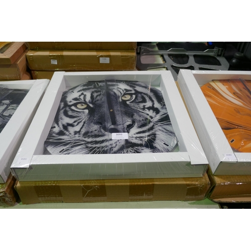 3093 - A Besp-Oak black and white tiger printcircular glass wall clock