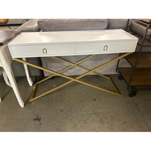 1647 - A white two drawer console table with gold legs