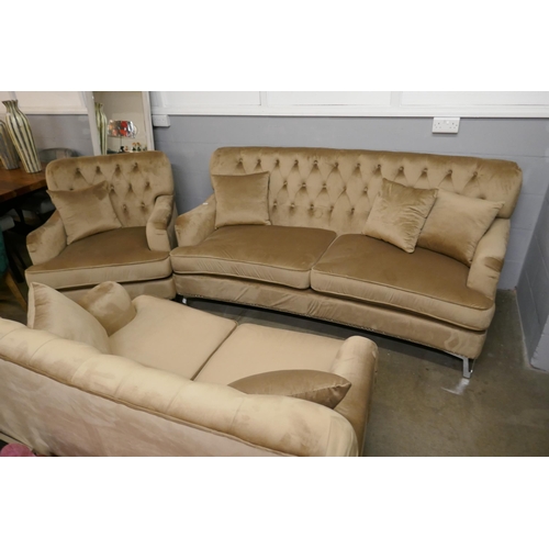 1365 - A Shane brushed gold velvet three seater sofa, two seater sofa and armchair * This lot is subject to... 