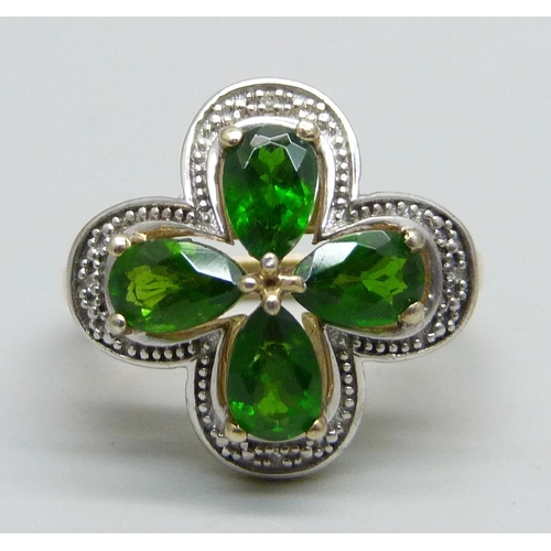 1016 - A silver gilt, diopside cluster ring with diamond accents, L