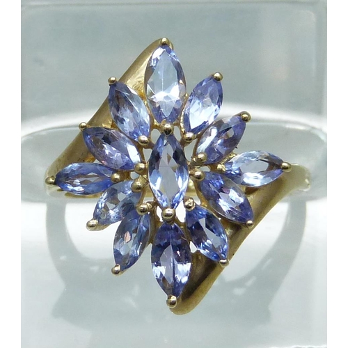 1018 - A 9ct gold and tanzanite cluster ring, 3g, N