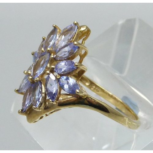 1018 - A 9ct gold and tanzanite cluster ring, 3g, N