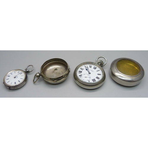 1021 - An .800 silver fob watch lacking hour hand, a Kay's pocket watch, etc.