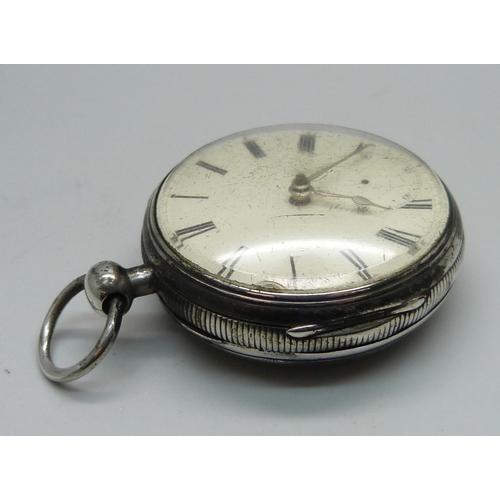 1022 - A silver cased fusee pocket watch, Chester 1868, diamond end stone