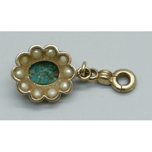 1024 - A green cabochon and pearl pendant, tests as 14ct gold, 3.3g, green stone a/f