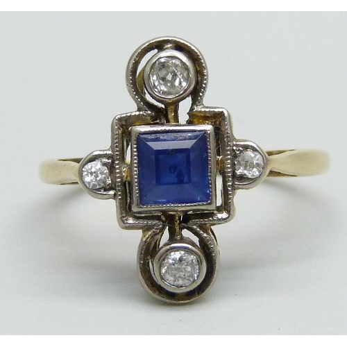 1026 - An Art Deco blue stone and diamond set ring, marked 18ct, 2.8g, L