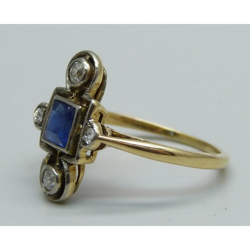 1026 - An Art Deco blue stone and diamond set ring, marked 18ct, 2.8g, L