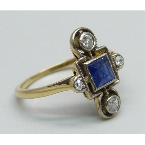 1026 - An Art Deco blue stone and diamond set ring, marked 18ct, 2.8g, L