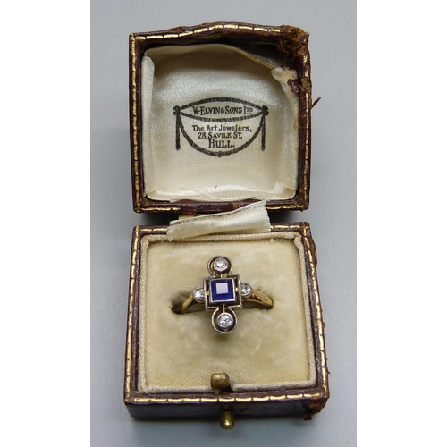 1026 - An Art Deco blue stone and diamond set ring, marked 18ct, 2.8g, L