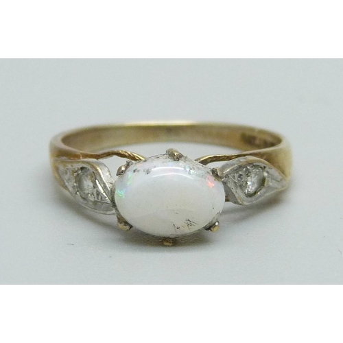 1035 - A 9ct gold, opal and white stone ring, 1.6g, K