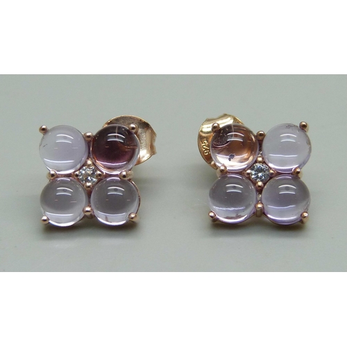 1038 - A pair of silver gilt, pink cabochon stone and zircon earrings