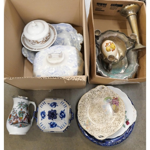 1052 - A plated basket, posy vase and candle stand, a blue and white muffin tray and cover, a butter dish, ... 