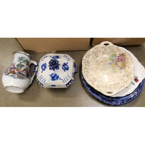 1052 - A plated basket, posy vase and candle stand, a blue and white muffin tray and cover, a butter dish, ... 