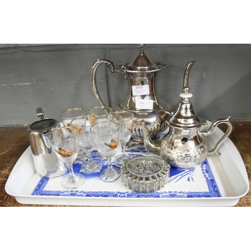 1053 - A silver plated coffee pot, a teapot, a trinket box and a jug, a set of six glasses decorated with p... 