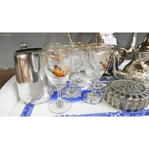 1053 - A silver plated coffee pot, a teapot, a trinket box and a jug, a set of six glasses decorated with p... 