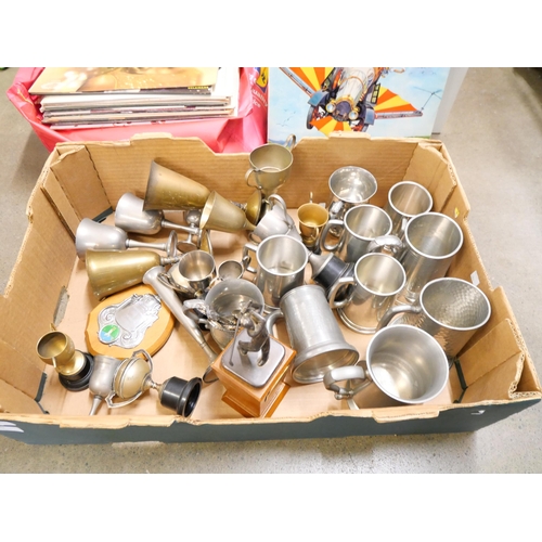 1065 - A golfing trophy and a box of metal wares, pewter, brass, etc., and a collection of LP records **PLE... 