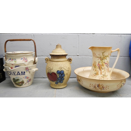 1073 - An English ironstone cream bucket and lidded pot, a Crown Ducal wash jug and bowl, bowl a/f and a Ru... 