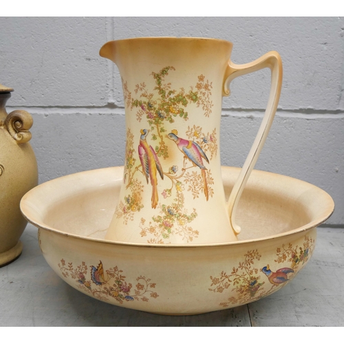 1073 - An English ironstone cream bucket and lidded pot, a Crown Ducal wash jug and bowl, bowl a/f and a Ru... 