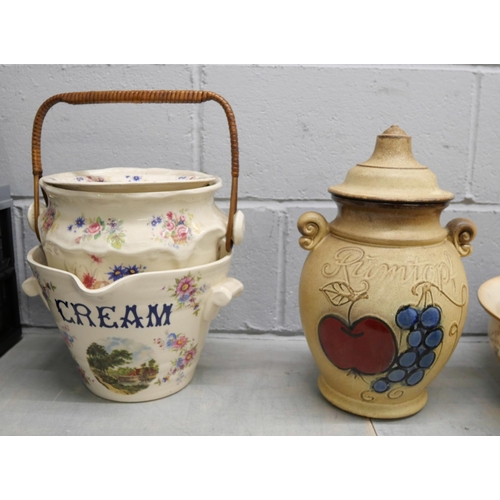 1073 - An English ironstone cream bucket and lidded pot, a Crown Ducal wash jug and bowl, bowl a/f and a Ru... 