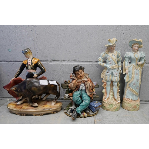 1076 - A Capodimonte figure, a pair of bisque figures and a bullfighter figure, a/f **PLEASE NOTE THIS LOT ... 