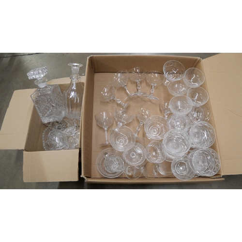 1084 - Two boxes of glassware; two decanters, a bowl, a jar and glasses **PLEASE NOTE THIS LOT IS NOT ELIGI... 