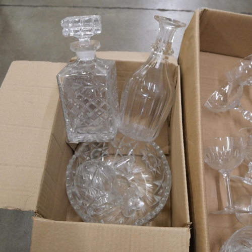 1084 - Two boxes of glassware; two decanters, a bowl, a jar and glasses **PLEASE NOTE THIS LOT IS NOT ELIGI... 